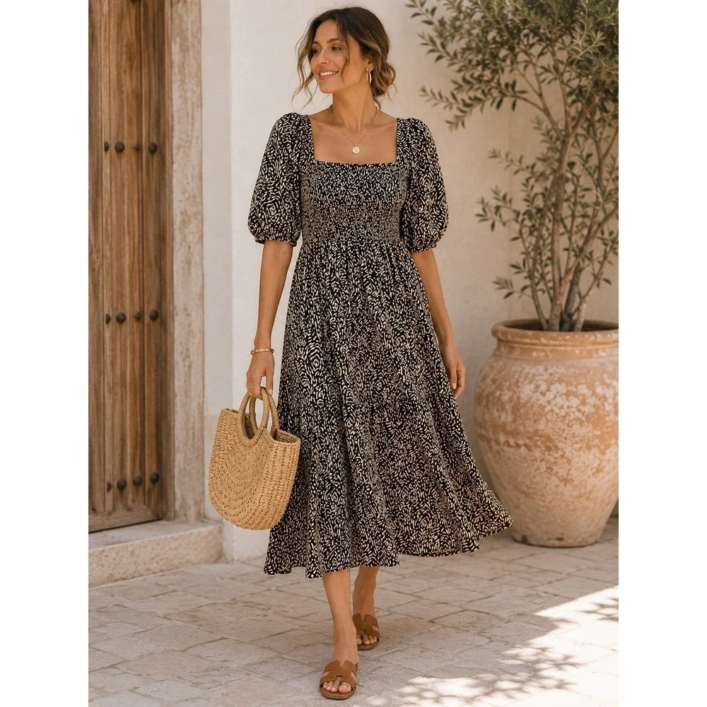 Mango MNG Abstract Animal Print Midi Dress Modern Safari Square Neck Size S/4 - Picture 1 of 12